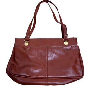 Vintage 80s Brown Faux Leather Shoulder Bag Interior Pockets Kiss Lock Magnetic